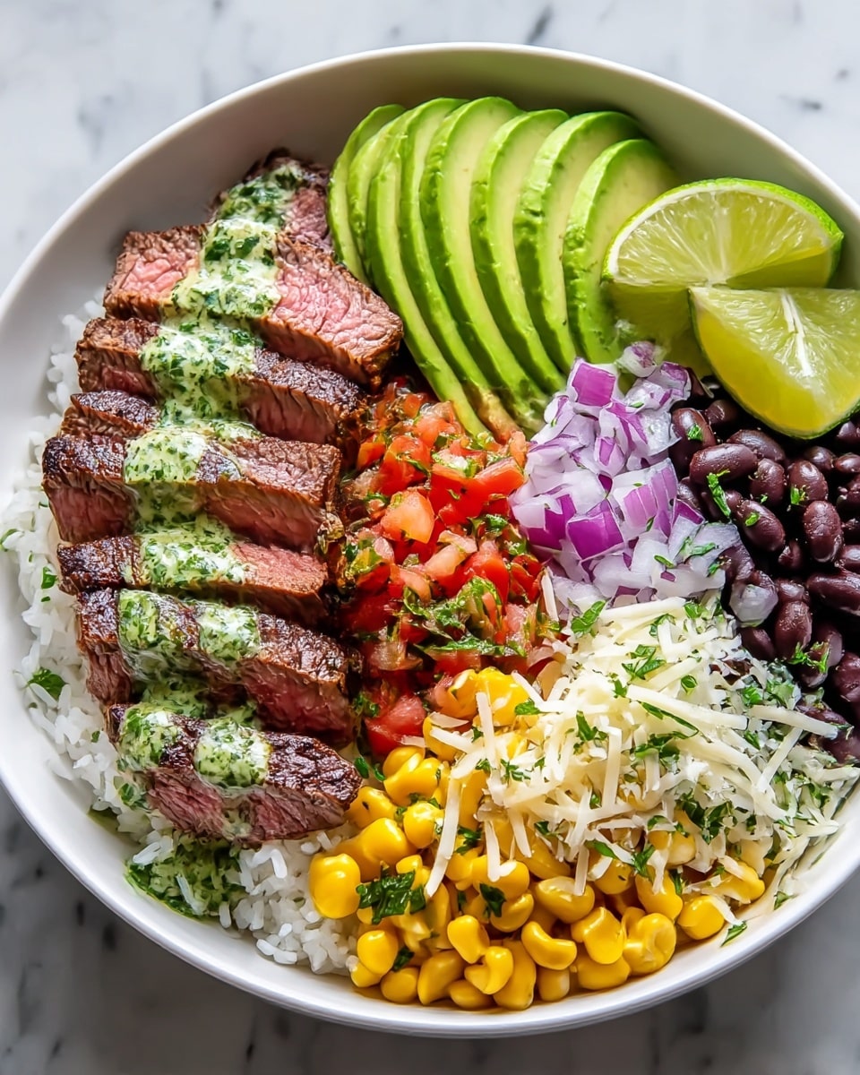 A white bowl filled with a bed of white rice at the base, topped with several layers arranged side by side. From left to right, there are slices of brown grilled steak with a pink center, drizzled with a green herb sauce. Next to the steak, there is a pile of bright red chopped tomatoes mixed with green herbs. Following that, thin slices of green avocado are fanned out neatly. To the right of the avocado, chopped purple onions rest beside a handful of shiny black beans. On the far right, yellow corn kernels mixed with finely shredded white cheese are sprinkled with fresh green herbs. Two lime wedges are placed at the back edge of the bowl. The bowl sits on a white marbled textured surface. Photo taken with an iphone --ar 4:5 --v 7