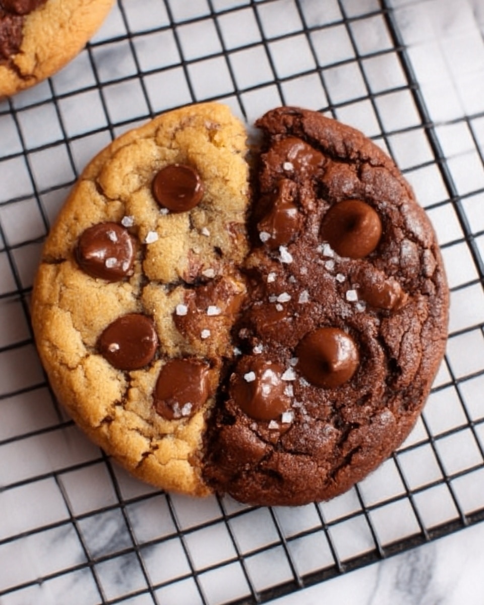 A round cookie split evenly into two halves, one side golden brown with melted chocolate chips, the other side dark brown chocolate dough with melted chocolate chips on top, showing soft and gooey textures with a light sprinkle of coarse salt. It is placed on a black wire cooling rack over a white marbled surface. Photo taken with an iphone --ar 4:5 --v 7