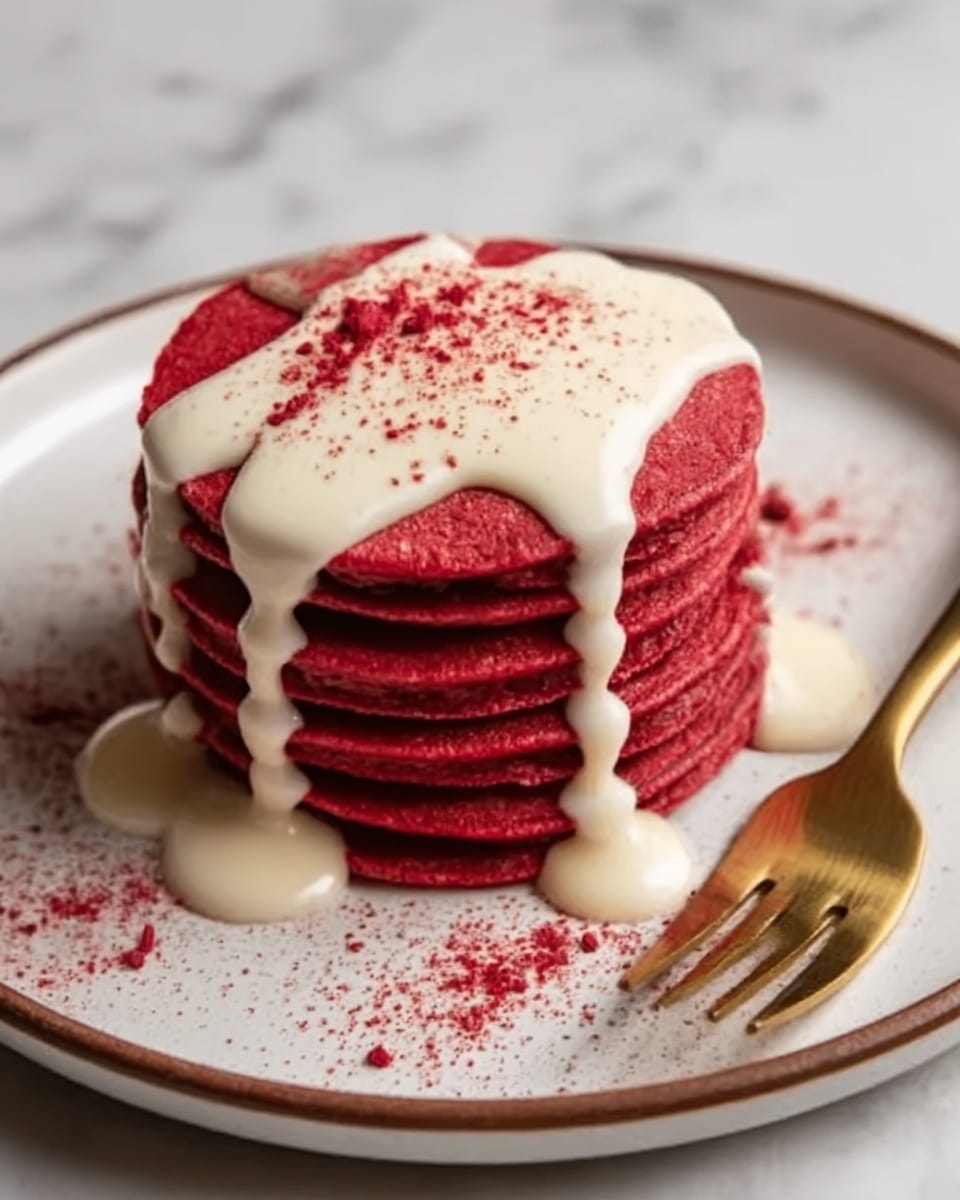 A stack of six red pancakes sits in the center of a round white plate with a thin brown rim, placed on a white marbled surface. The pancakes have a soft and fluffy texture, and they are topped with a thick drizzle of creamy white sauce that flows down the sides. There is a light dusting of red powder sprinkled over the top and around the plate. A golden fork is placed to the right of the stack. photo taken with an iphone --ar 4:5 --v 7