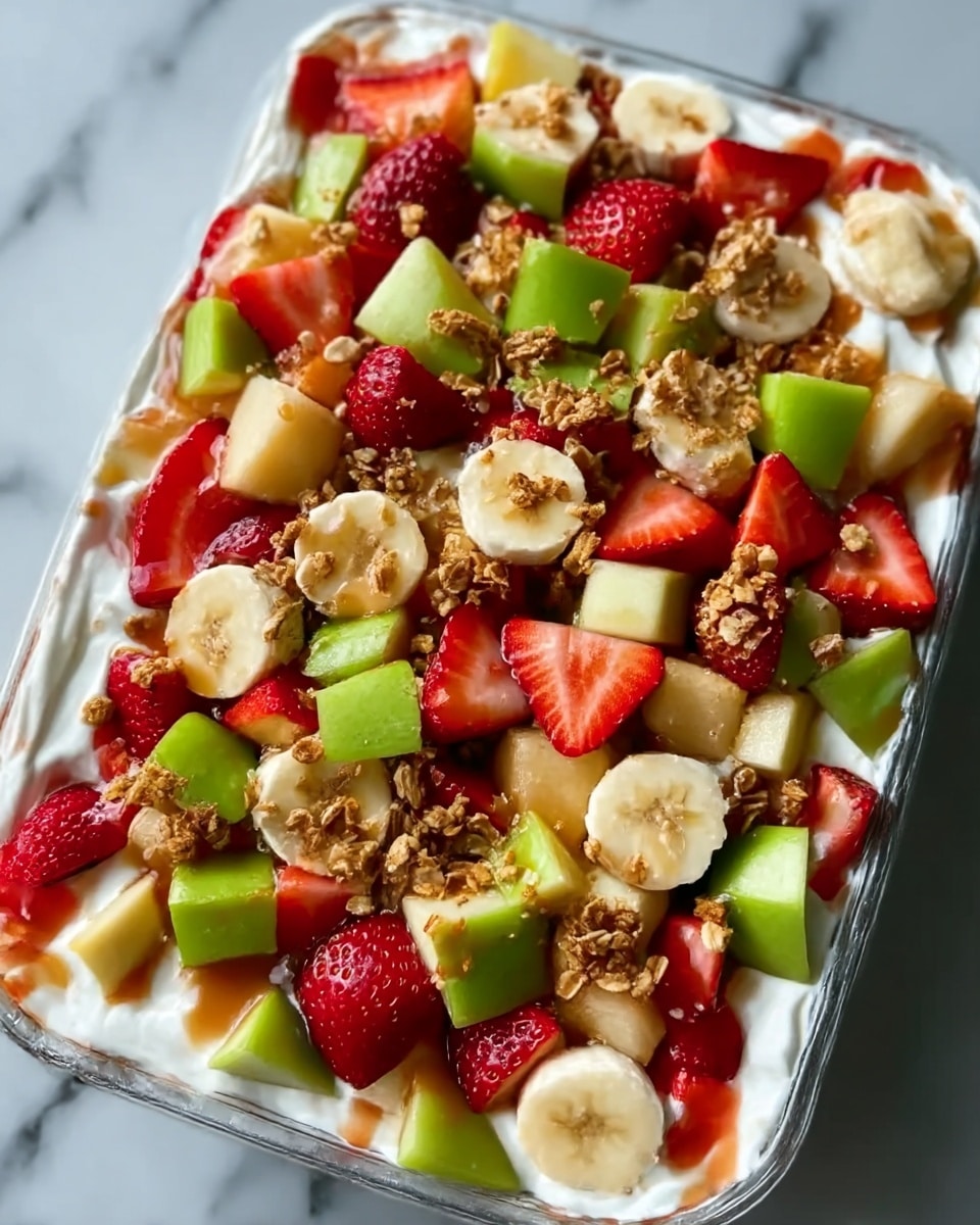 The image shows a clear rectangular dish filled with several colorful layers of a fruit dessert. The bottom layer is white and creamy, likely yogurt or whipped cream. On top are chunks and slices of fresh strawberries, green apple pieces, and banana slices, arranged evenly. There are crunchy granola bits sprinkled all over the fruits, adding texture. The colors stand out brightly against the white marbled surface beneath the dish. photo taken with an iphone --ar 4:5 --v 7