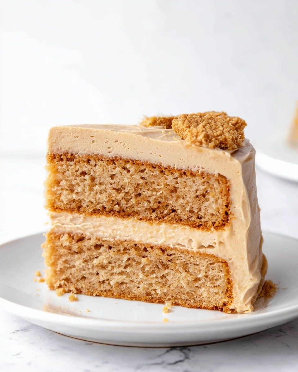 A slice of two-layer cake sitting on a white plate with a white marbled surface background. The bottom layer is a moist light brown cake with a crumbly texture, topped with a smooth, light brown frosting layer that holds a crushed cookie or biscuit topping. Above this is a thicker, matching light brown cake layer, then a thick layer of smooth frosting covering the top, with additional crushed cookie pieces scattered on one corner. The slice shows detailed textures of the soft cake and creamy frosting. Photo taken with an iphone --ar 4:5 --v 7