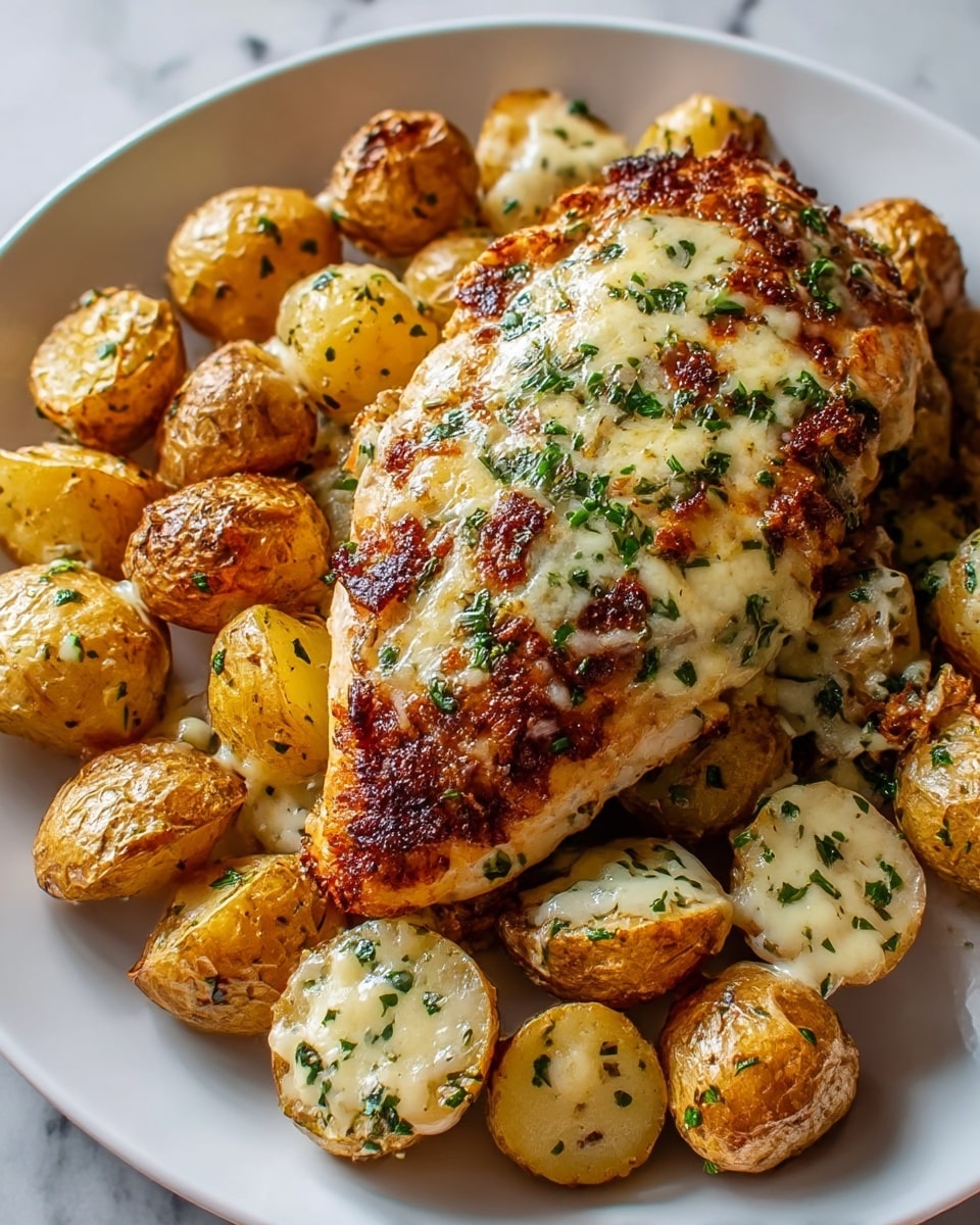 A white plate filled with one thick grilled chicken breast on top of many small roasted golden potatoes. The chicken has a crispy brown surface with melted cheese and small green herb bits sprinkled all over. The potatoes show some roasted spots and are coated with a light layer of melted cheese and herbs, giving a slightly glossy texture. The dish is placed on a white marbled surface. photo taken with an iphone --ar 4:5 --v 7