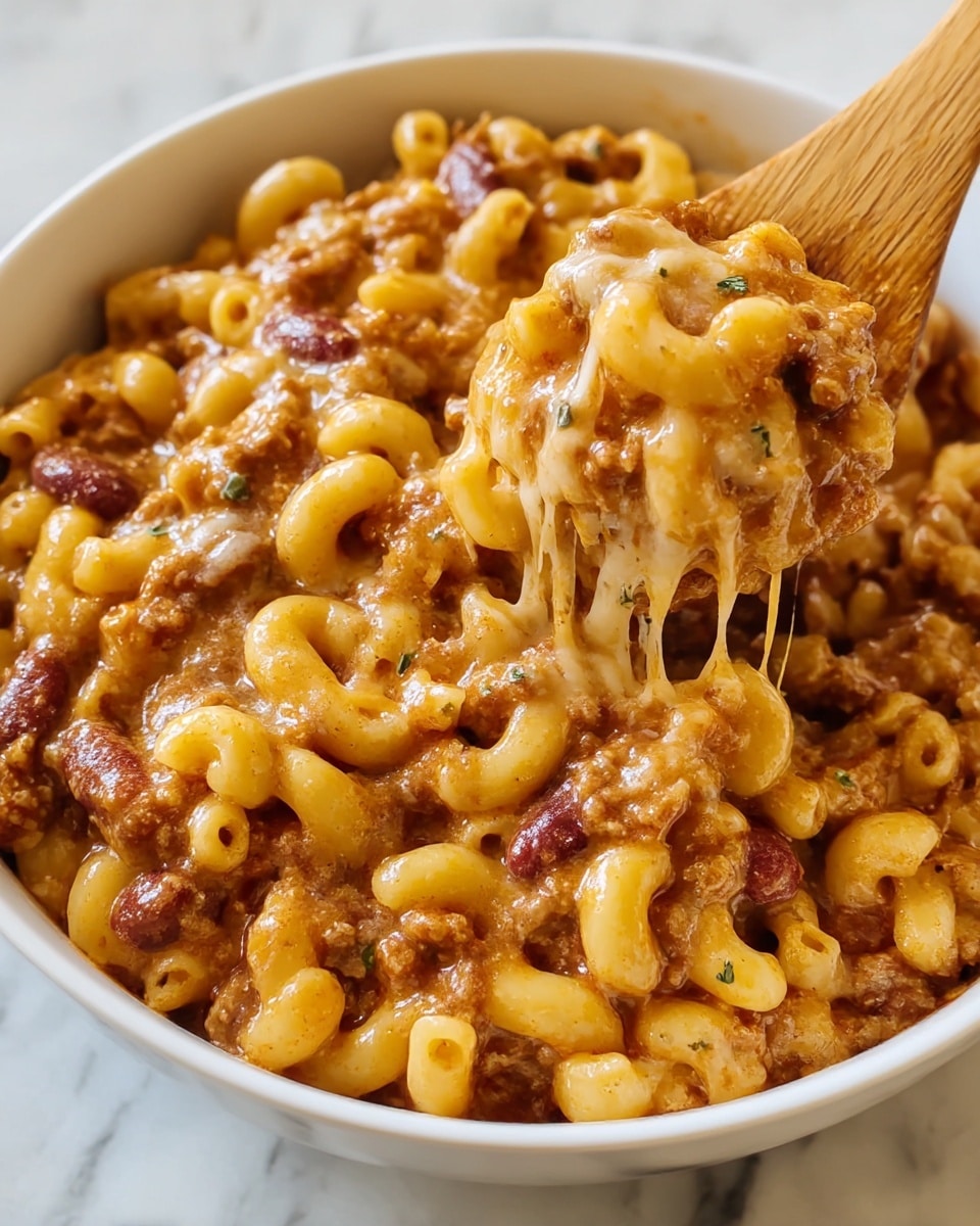 A close-up of a white bowl filled with creamy macaroni mixed with chili. The macaroni is pale yellow, covered in a thick, reddish-brown chili sauce with visible pieces of ground meat and kidney beans. Melted cheese stretches over the pasta, adding a glossy, slightly stringy texture. A wooden spoon is partially visible on the right side, stirring the mixture. Small green herb bits are scattered on top, giving a fresh touch. The bowl sits on a white marbled surface. photo taken with an iphone --ar 4:5 --v 7