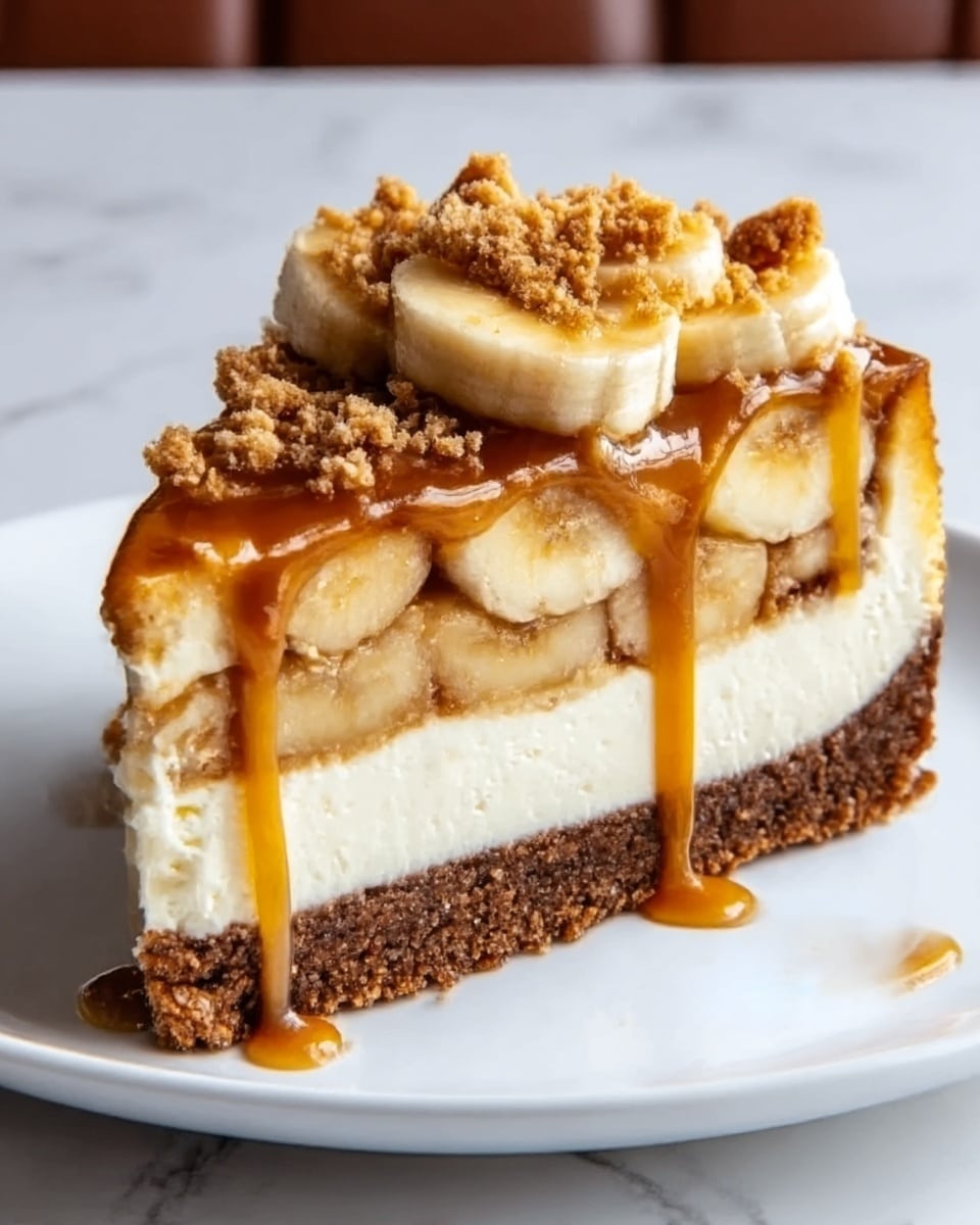 A slice of cheesecake on a white plate with a white marbled background. The cheesecake has three layers: a dark brown crumbly base at the bottom, a thick creamy white middle layer, and a topping of sliced bananas covered with golden caramel sauce that drips down the sides. On top, there is a sprinkle of light brown crunchy crumbs adding texture. Photo taken with an iphone --ar 4:5 --v 7