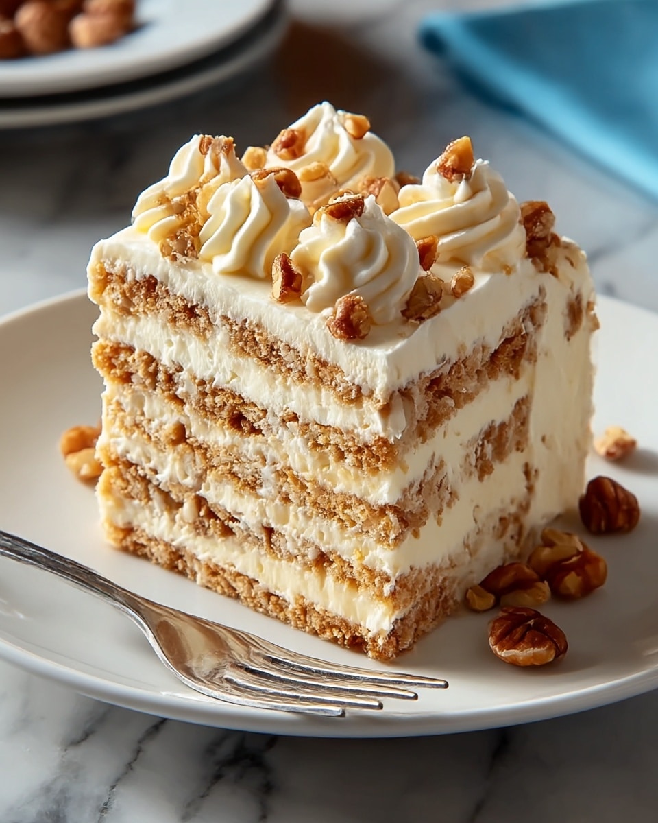 A slice of layered dessert with four visible layers of cream and crunchy, brown biscuit or cookie pieces mixed through each layer. The cream is thick and white, with a smooth texture covering the whole slice including the sides. On top, there are swirls of white cream decorated with broken brown nuts scattered over the cream and a few nuts around the base of the slice. The slice is placed on a white plate, and next to it lies a silver fork, all set on a white marbled surface. photo taken with an iphone --ar 4:5 --v 7