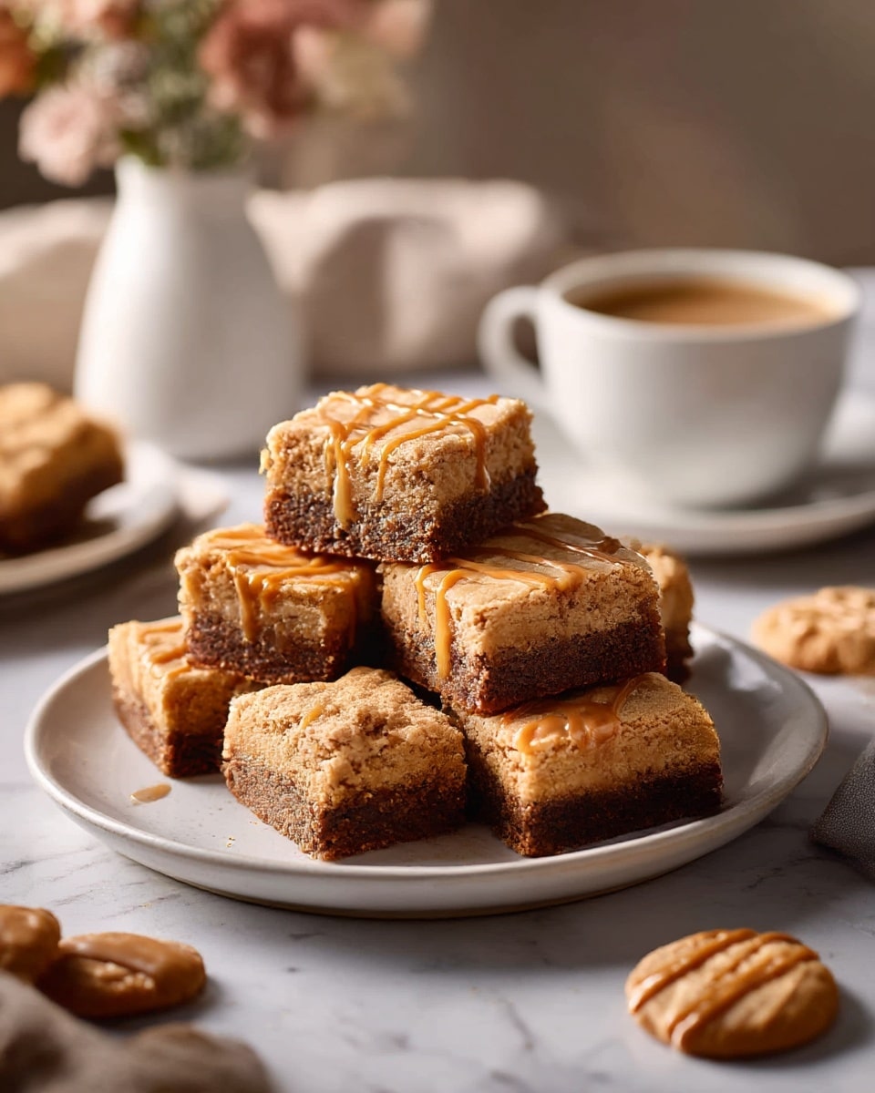 A white plate holds six square dessert bars stacked and arranged neatly, each bar showing two main layers: a darker brown bottom layer with a moist, dense texture, and a lighter tan top layer that looks soft and crumbly, with a caramel-colored drizzle in irregular lines on top. The plate sits on a white marbled surface, with some small round cookies scattered nearby. In the background, there is a white cup filled with coffee and a small white vase with blurred flowers. The lighting is warm and soft, creating a cozy feel. photo taken with an iphone --ar 4:5 --v 7