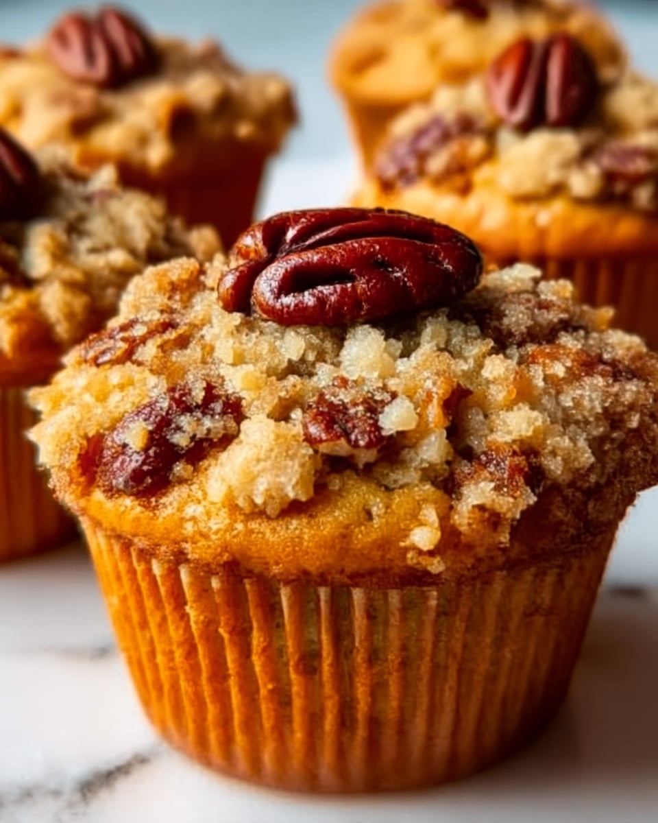 The image shows a close-up of a golden brown muffin with a crumbly topping layered with small chunks of pecans, giving a rough texture on top. A whole pecan nut sits in the center of the muffin’s top layer, adding a shiny dark brown color contrast. The muffin liner is a warm brown color that hugs the muffin tightly. The background includes other similar muffins slightly out of focus, all sitting on a white marbled surface, enhancing the warm tones and textures of the muffins. Photo taken with an iphone --ar 4:5 --v 7