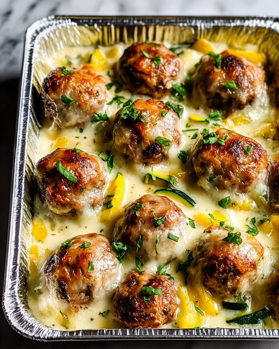 A foil tray filled with nine meatballs on top of a bed of creamy white sauce mixed with yellow and green vegetable pieces, likely bell peppers and zucchini. Each meatball is covered with melted and slightly browned golden cheese, showing a stretchy texture around the edges. Small green herb pieces are sprinkled on top of the sauce and meatballs, adding a fresh contrast. The tray is set against a white marbled surface. photo taken with an iphone --ar 4:5 --v 7
