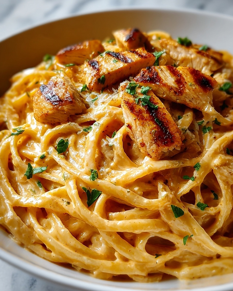 The dish shows a close-up of creamy pasta with grilled chicken pieces on top. The pasta strands are thick, shiny, and coated with a light orange creamy sauce that looks smooth and rich. The grilled chicken pieces are golden brown with visible grill marks, placed evenly over the pasta. Small bits of fresh green herbs, likely parsley, are scattered on top and around the chicken and pasta. The pasta and chicken sit inside a white bowl, with a soft white marbled background. photo taken with an iphone --ar 4:5 --v 7
