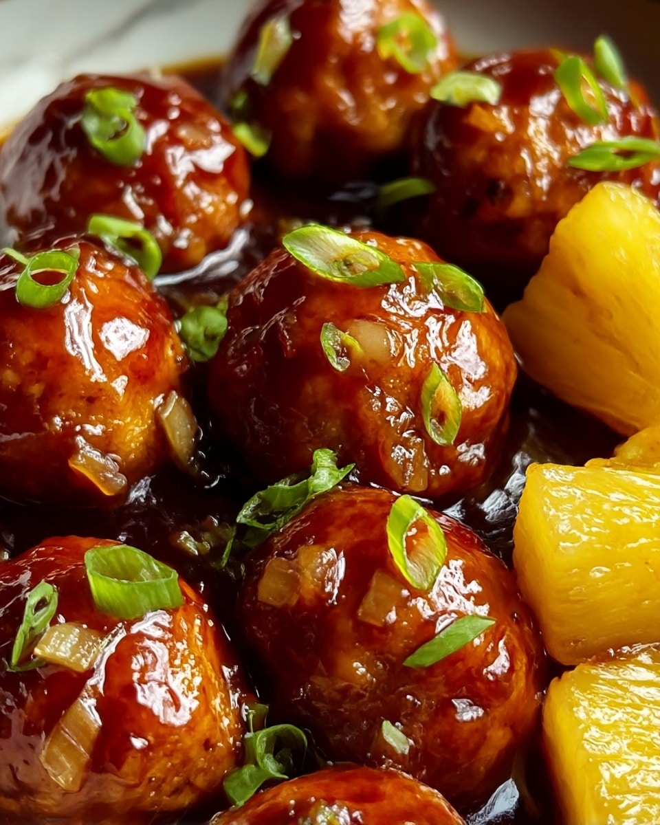The image shows several round, golden-brown glazed meatballs covered in a glossy dark reddish-brown sauce with small bits of onions and sprinkled green onion pieces on top. Alongside the meatballs are bright yellow, juicy pineapple chunks. The dish is presented close-up, highlighting the shiny, sticky texture of the sauce and the fresh, colorful ingredients. The background is a white marbled texture. Photo taken with an iphone --ar 4:5 --v 7