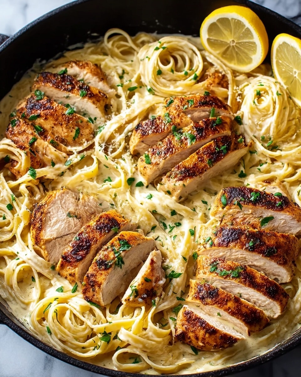 A close-up image of a black pan filled with creamy fettuccine pasta topped with three sliced grilled chicken breasts. The chicken has a golden-brown, slightly charred texture with visible grill marks and is sprinkled with chopped green herbs. The pasta is coated in a light creamy sauce, with some pasta strands twirled into small nests around the chicken. Two lemon wedges are placed at the top right of the pan, adding a pop of yellow color. The whole scene is set on a white marbled surface, creating a bright and fresh background. photo taken with an iphone --ar 4:5 --v 7