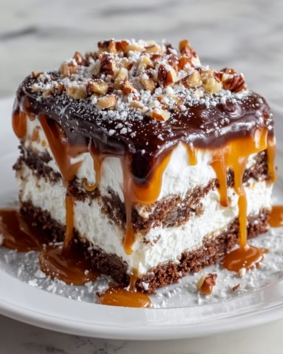 Two thick, dark brown chocolate brownies are stacked on a white plate placed on a white marbled surface. The brownies look moist and rich, with a crumbly texture visible on the edges. The top brownie is covered with glossy chocolate chips and chopped nuts, and golden caramel sauce drips over the sides in thick streams, creating a glossy, sticky layer that contrasts with the matte texture of the brownies. The lighting highlights the shine of the caramel and chocolate, making the dessert look very inviting. Photo taken with an iphone --ar 4:5 --v 7