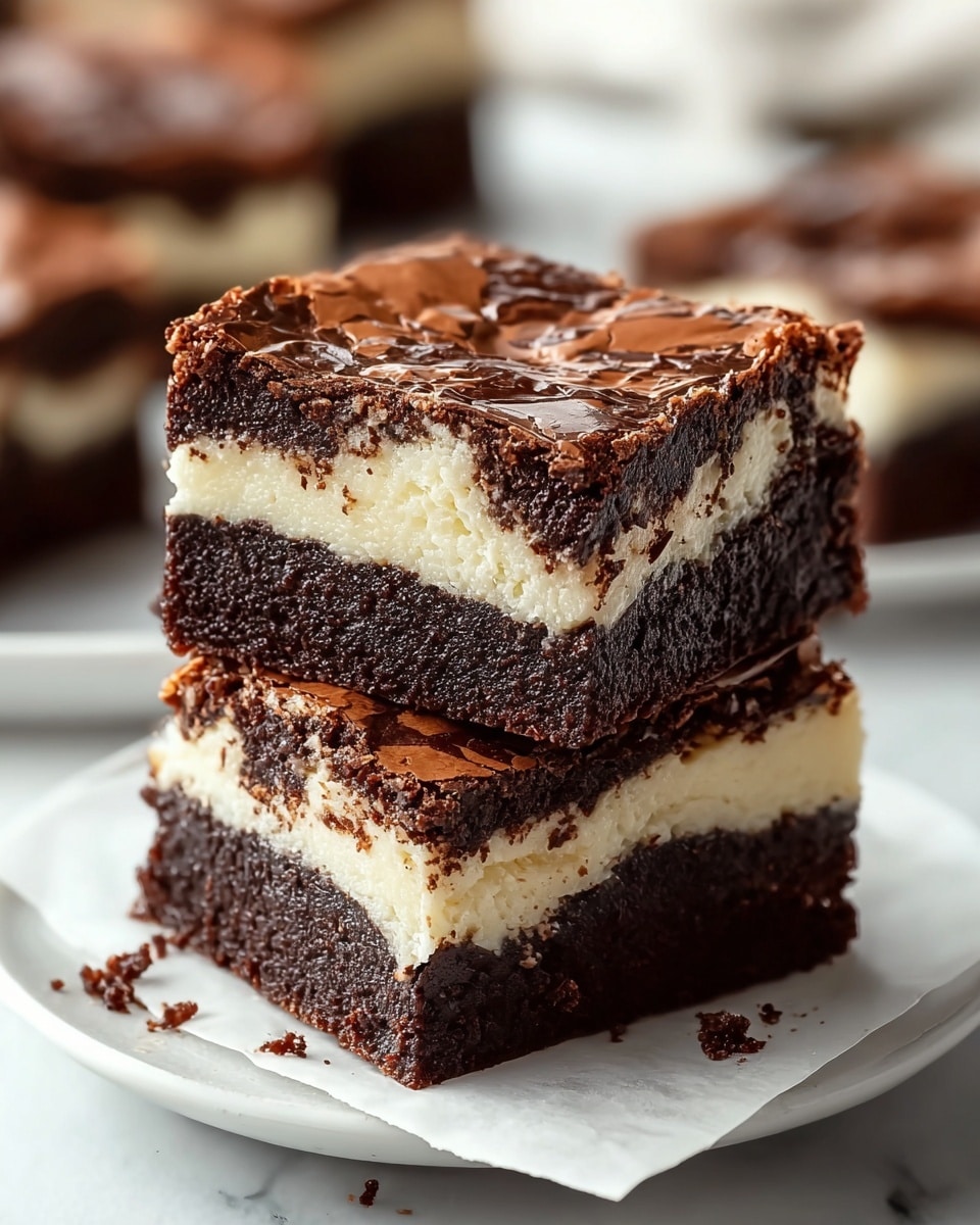 The image shows a square piece of layered dessert on a white plate, placed on a white marbled surface. The bottom layer is a crumbly, golden-brown crust that looks crunchy. Above this is a light yellow pudding layer that is smooth and creamy. On top of the pudding is a thick, rich chocolate pudding layer with a glossy texture. The dessert is topped with a thick, fluffy white whipped cream layer that is toasted with light brown spots, giving it a slightly burnt look. The layers are clearly visible, stacked neatly. Photo taken with an iphone --ar 4:5 --v 7