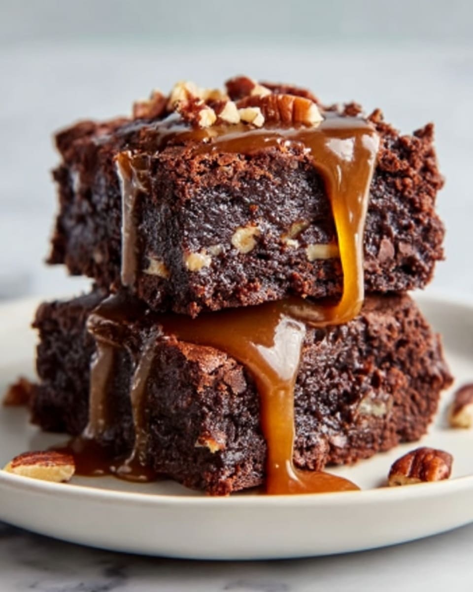 The image shows two thick, dark brown brownies stacked unevenly on a white plate, placed on a white marbled surface. The brownies have a dense, moist texture with visible small chunks of nuts spread throughout. A thick, shiny caramel sauce is dripping over the edges of the top brownie, pooling slightly on the plate. The nuts on top add a crunchy contrast and the caramel adds a glossy, smooth layer flowing down the rich, dark chocolate base. Photo taken with an iphone --ar 4:5 --v 7
