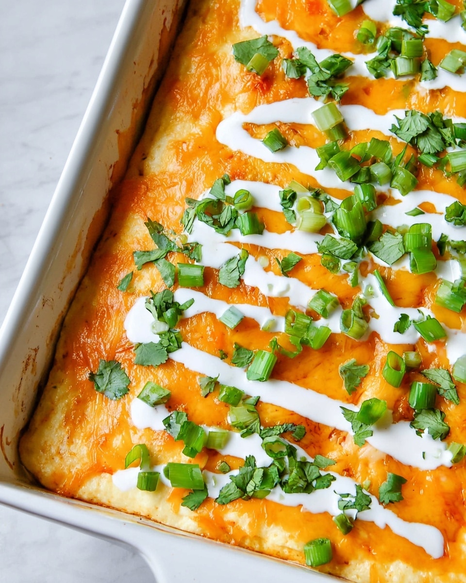 A close-up of a baked dish in a white rectangular ceramic dish with a white marbled texture beneath it, showing one thick layer of melted orange cheese covering the entire surface with slight bubbling and browning at the edges. On top, there are irregular, thin zigzag lines of white creamy sauce spread across. Scattered over the sauce are fresh chopped green onions and vibrant green cilantro leaves, adding a fresh contrast to the warm orange cheese layer. Photo taken with an iphone --ar 4:5 --v 7
