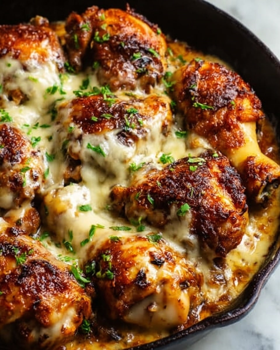 A close-up view of a skillet filled with baked chicken drumsticks and thighs, each piece covered in a golden-brown crispy skin. The chicken is topped unevenly with melted, creamy cheese that stretches over the edges, blending softly into the browned, baked surface. Small green herbs are scattered on top adding pops of color and freshness. The skillet sits on a white marbled surface, emphasizing the rich textures and warm tones of the dish. photo taken with an iphone --ar 4:5 --v 7