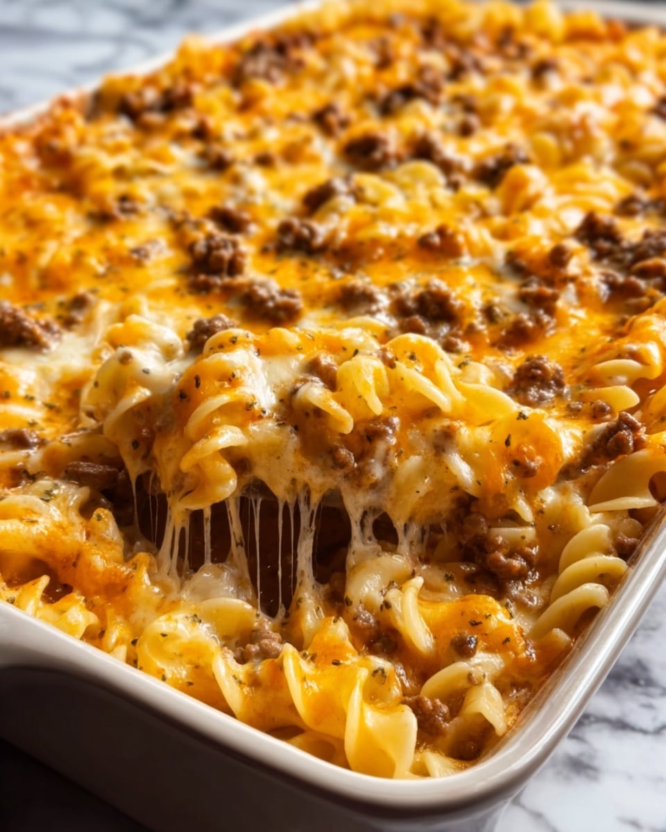 The image shows a close-up of a baked pasta dish in a white baking tray, filled with wavy noodles covered in browned ground meat and melted cheddar cheese. The top layer is golden and bubbly cheese mixed with small bits of browned meat, with some melted cheese stretching across the surface. The noodles underneath are creamy and slightly curled, peeking out between the meat and cheese. The whole dish looks rich and warm, sitting on a white marbled surface. Photo taken with an iphone --ar 4:5 --v 7