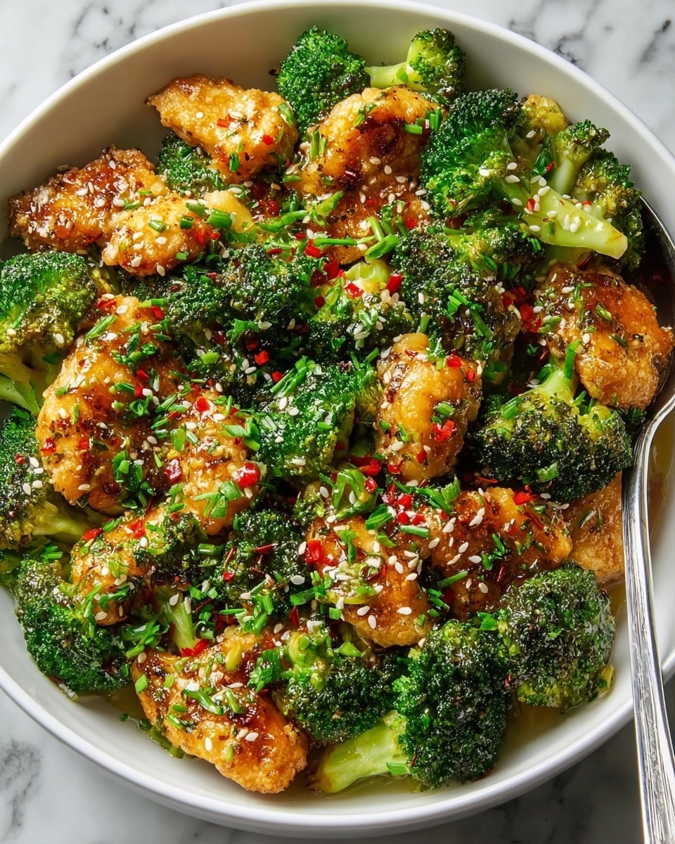 A white bowl filled with bright green broccoli florets and golden-brown cooked chicken pieces, both coated in a shiny sauce. The broccoli is fresh and textured with small buds, while the chicken has a crisp surface with some charred spots. The dish is sprinkled with white sesame seeds, finely chopped green herbs, and small bits of red chili peppers. A silver spoon sits partially in the bowl on the right side, with the bowl set against a white marbled surface. photo taken with an iphone --ar 4:5 --v 7