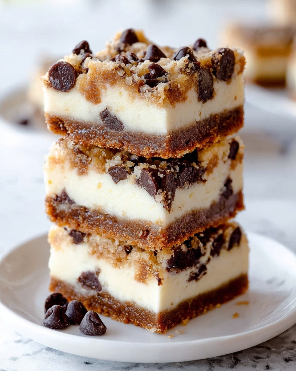 This image shows a stack of three dessert bars on a white plate, placed on a white marbled surface. Each bar has three clear layers: the bottom layer is a brown crumbly crust, the middle layer is a thick white creamy filling, and the top layer is a light brown crumbly dough with dark chocolate chips scattered generously throughout. The bars are cut into square shapes with clear, sharp edges, and some chocolate chips are visible on the plate beside the stack. The focus is close, showing the texture of each layer clearly, with soft natural light highlighting the dessert's details. Photo taken with an iphone --ar 4:5 --v 7