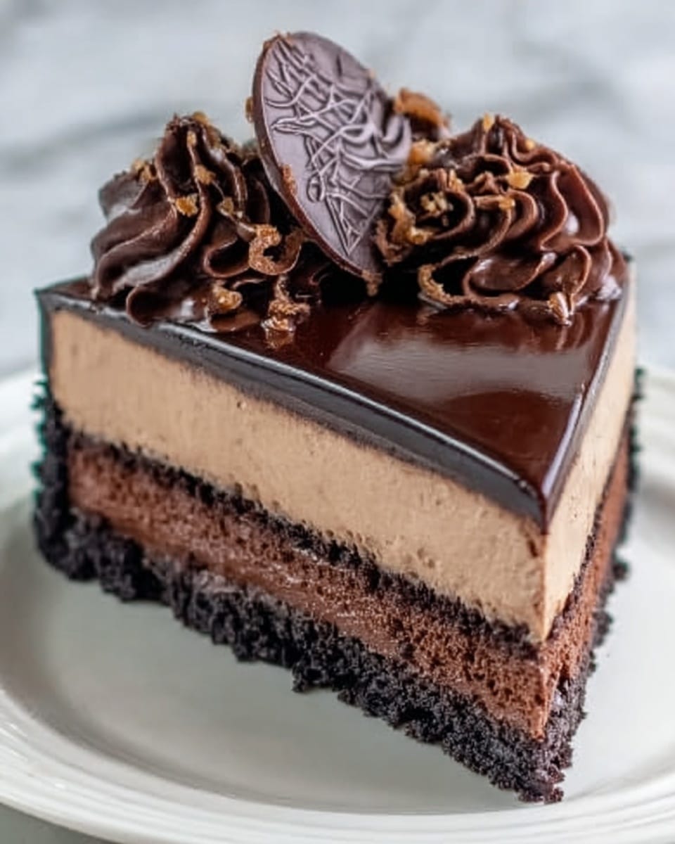 The image shows a slice of chocolate cake on a white plate, placed on a white marbled surface. The cake has four layers: a dark chocolate crumb base at the bottom, a thick light brown chocolate mousse layer above it, followed by a dark chocolate sponge layer, and topped with a smooth shiny chocolate glaze. Around the edge of the chocolate glaze, there is a ring of dark chocolate crumbs. The top of the cake slice is decorated with rich, wavy swirls of dark chocolate cream, a small chocolate piece with a design on it, and a few chocolate flakes. Photo taken with an iphone --ar 4:5 --v 7