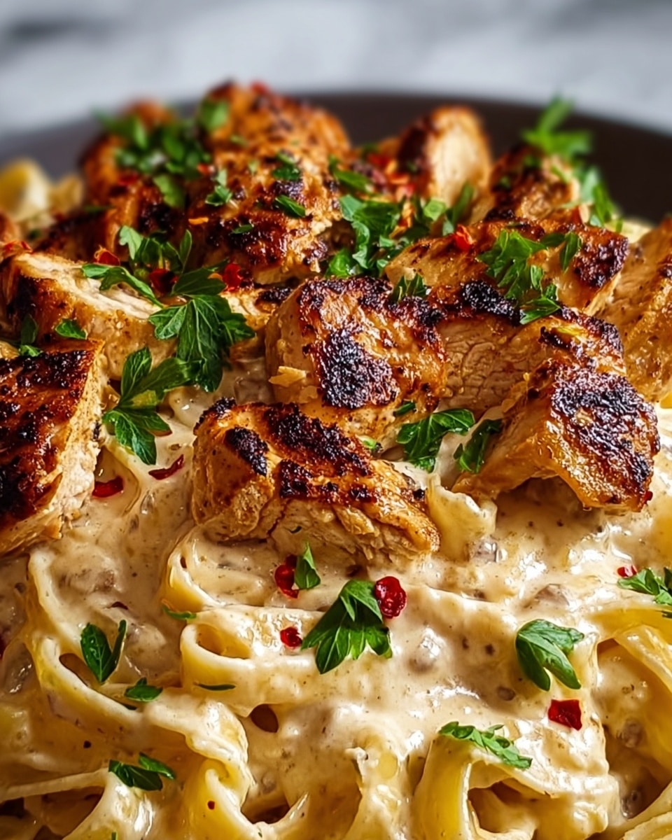 The image shows a close-up of a creamy pasta dish with grilled chicken pieces on top. The base layer is fettuccine pasta coated in a thick, creamy sauce that is light beige in color and smooth in texture. On top of the pasta, there are several pieces of browned grilled chicken with a slightly crispy surface and a golden-brown color, some parts showing dark grill marks. The dish is garnished with fresh green parsley leaves scattered over the chicken and sauce, adding bright green spots. There are also small red chili flakes sprinkled over the chicken for a touch of color and spice. The whole dish is set against a white marbled texture background. photo taken with an iphone --ar 4:5 --v 7
