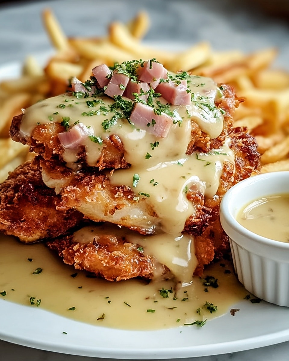 A white plate holds three layers of golden-brown crispy fried chicken pieces topped with a creamy beige sauce mixed with small green herb bits, generously poured over the chicken and dripping down the sides. On top of the creamy sauce, there are visible pieces of pinkish ham or bacon adding texture and color. Behind the chicken, in the upper left, there is a pile of golden yellow French fries. To the upper right of the plate, a white cup holds more of the creamy beige sauce. The whole setup is on a white marbled surface, with a blurred darker background behind it. Photo taken with an iphone --ar 4:5 --v 7
