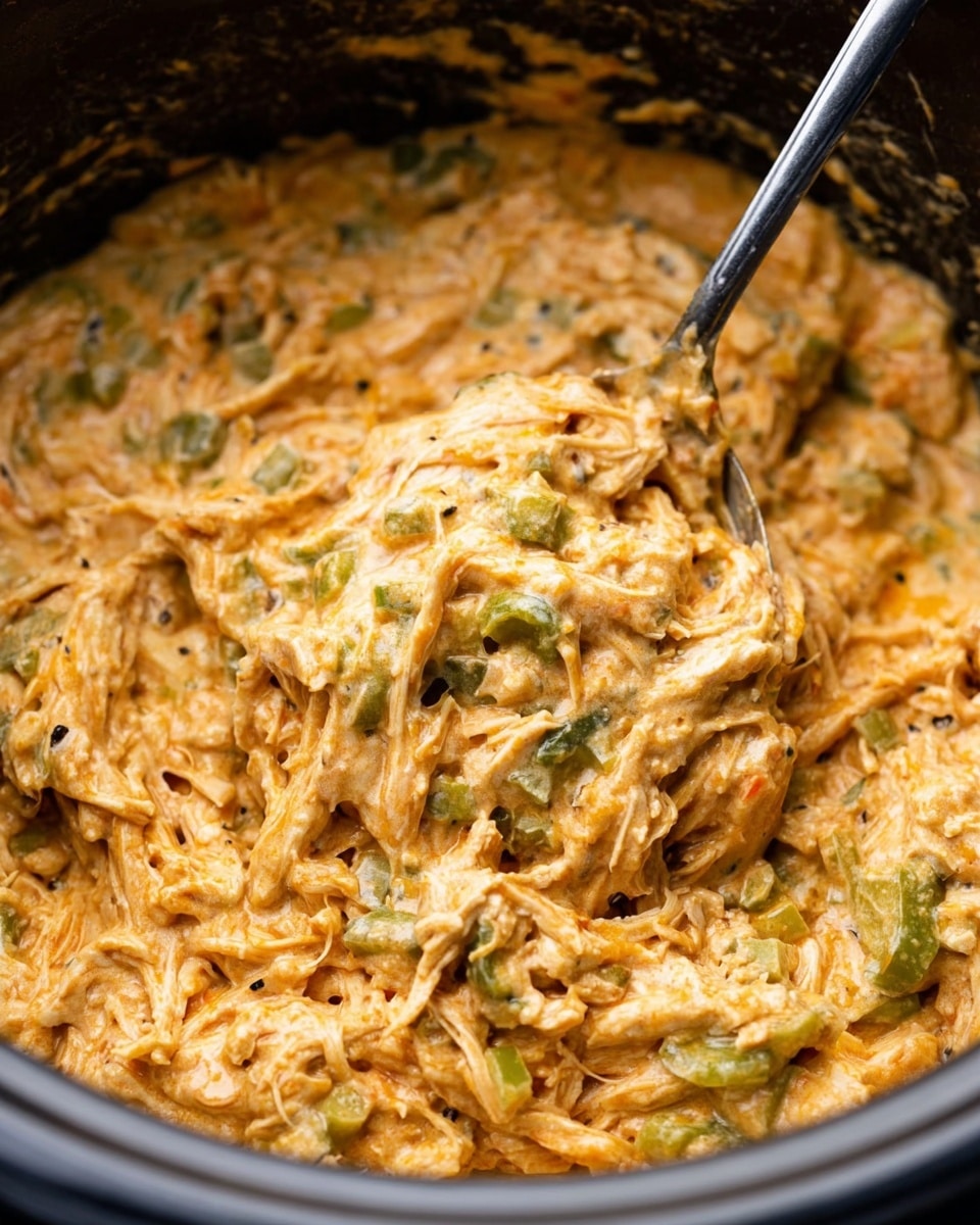 A close-up view of a creamy mixture in a black pot with a metal spoon partially buried in it, showing shredded white chicken mixed with a thick, pale orange sauce that has a smooth, slightly chunky texture. Small green pieces are scattered throughout the mixture, adding flecks of color, while the sauce binds everything together with some visible herbs and spices. The dish looks rich and soft, with the ingredients well combined but still distinguishable. Photo taken with an iphone --ar 4:5 --v 7