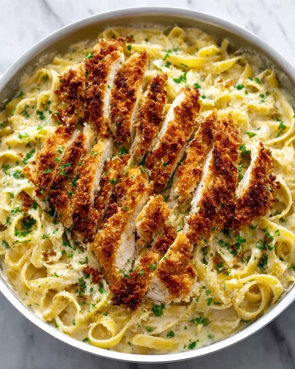 A white pan filled with creamy spaghetti pasta as the base layer, light yellow in color with a smooth texture. On top, evenly placed slices of golden-brown breaded chicken arranged in a circular pattern, each slice showing a crunchy, crispy coating. The chicken is sprinkled with green herbs and small bits of reddish seasoning, adding specks of color and texture contrast on the creamy pasta. The background surface is white marbled, giving a clean and bright setting for the dish. Photo taken with an iphone --ar 4:5 --v 7