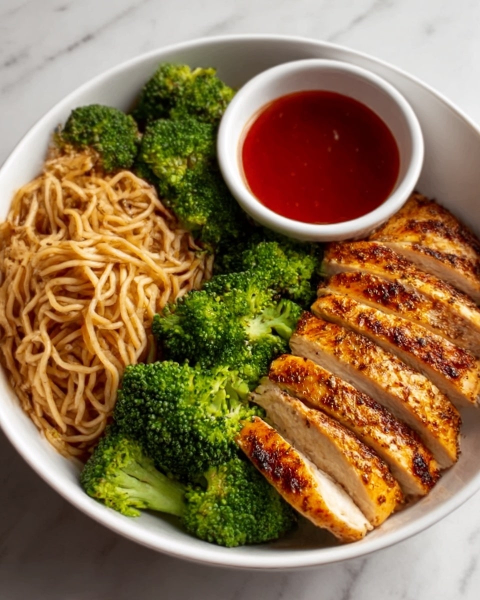A white bowl filled with three main parts: golden-brown grilled chicken slices with grill marks on the right, bright green steamed broccoli on the top left, and light brown cooked noodles on the bottom left. In the upper center of the bowl, there is a small white cup of red sauce. The bowl sits on a white marbled surface. Photo taken with an iphone --ar 4:5 --v 7