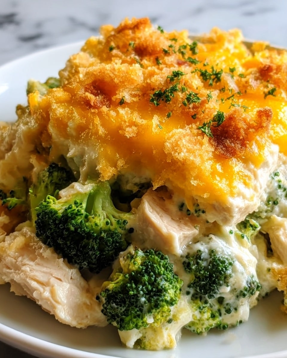 The image shows a close-up of a creamy broccoli casserole served on a white plate. The dish has visible layers with bright green broccoli florets spread throughout. There are chunks of white chicken pieces layered inside the creamy mixture, which looks soft and smooth. On top, there is a melted layer of golden yellow cheddar cheese with some crispy brown bits scattered across, adding texture. Small sprinkles of finely chopped green herbs are scattered on the top, giving a fresh look. The background features a white marbled surface. photo taken with an iphone --ar 4:5 --v 7