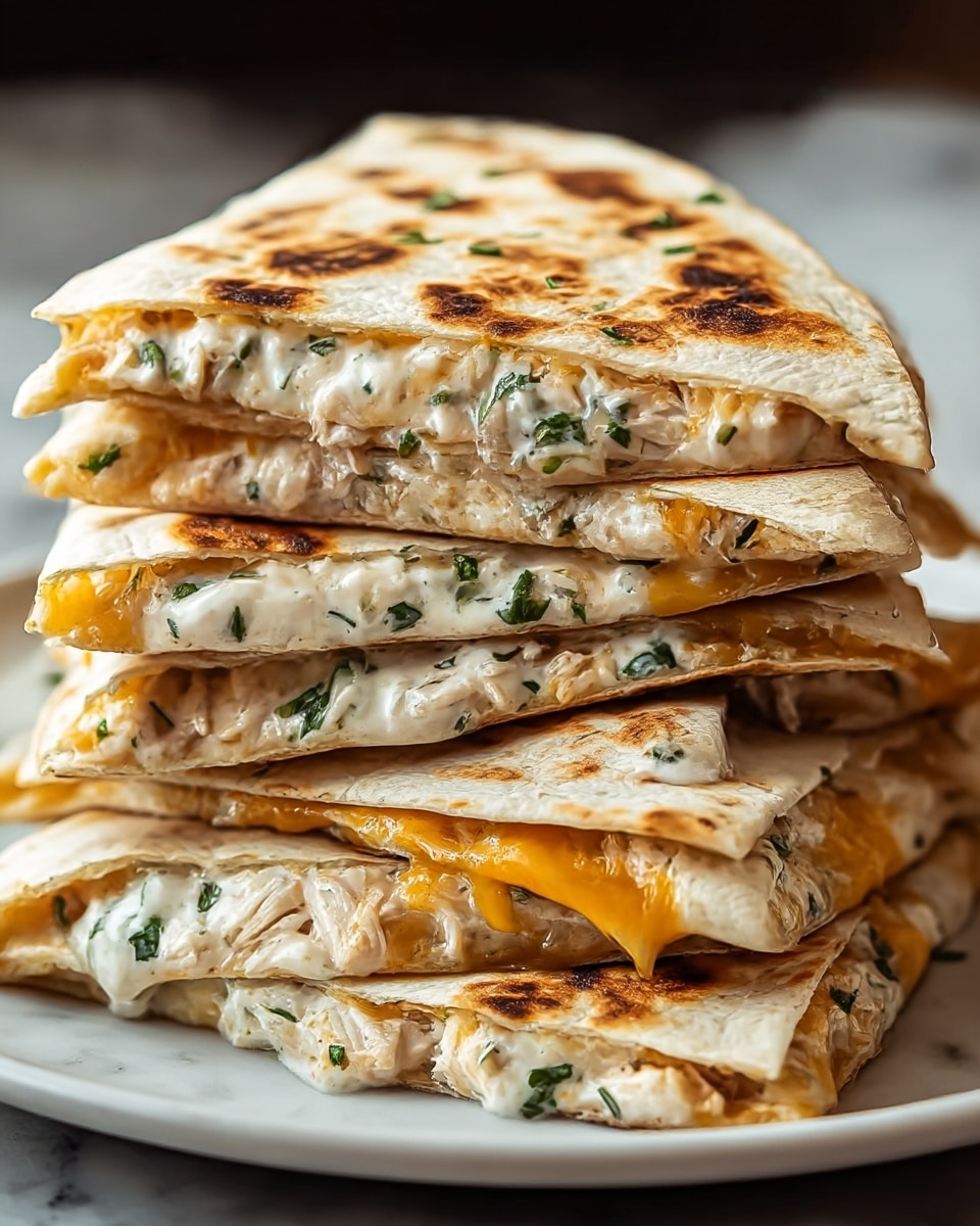 A stack of six triangular quesadilla pieces sits on a white plate, each piece showing a golden-brown grilled tortilla layer with visible char marks on top. Between each soft tortilla layer is a thick filling made of creamy white melted cheese mixed with green herbs and orange melted cheddar cheese that stretches slightly out from the edges. The quesadilla pieces are closely stacked in a slightly uneven pile, highlighting the gooey texture and herb-speckled cheese inside. The background is a white marbled texture with soft lighting. photo taken with an iphone --ar 4:5 --v 7