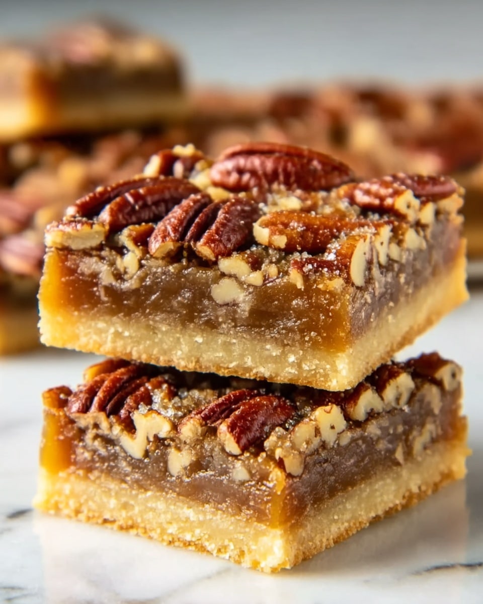 The image shows two square pecan bars stacked on top of each other on a white marbled surface. The bottom layer is a light golden crust with a crumbly texture. The middle layer is a sticky, caramel-colored filling that looks smooth and glossy. The top layer is covered with whole and chopped pecans, which are deep brown with a shiny, slightly rough texture. In the background, more pecan bars are slightly blurred, emphasizing the two bars in the front. Photo taken with an iphone --ar 4:5 --v 7