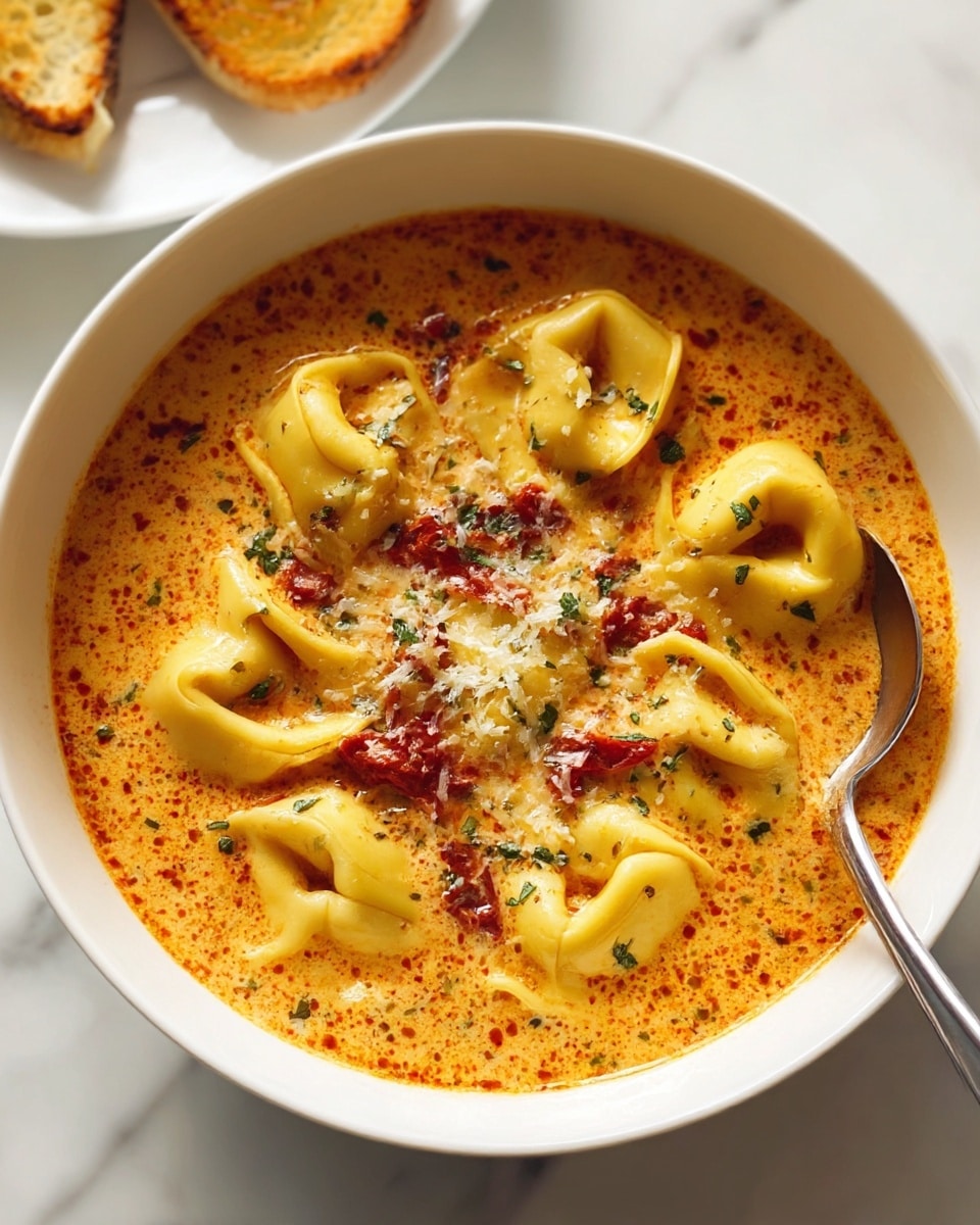 A white bowl filled with creamy orange-red soup, speckled with herbs and spices, holds several large, folded yellow tortellini, some topped with grated cheese and green herb bits, along with small pieces of red sun-dried tomatoes; a metal spoon rests on the right side inside the bowl, all placed on a white marbled surface with a piece of toasted bread partially visible on a white plate to the left. photo taken with an iphone --ar 4:5 --v 7