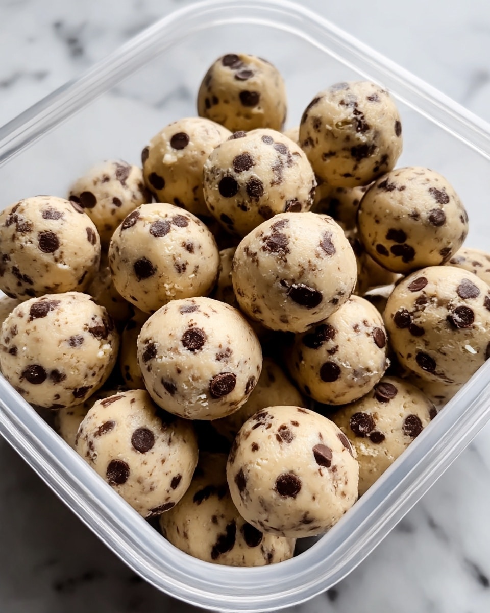 A clear square container filled with many small round cookie dough balls, each about the size of a large marble. The dough is light beige with dark chocolate chips and small chocolate chunks evenly spread throughout every ball. The texture looks slightly soft and crumbly, with some balls showing smooth chocolate chips and others rougher bits. The container sits on a white marbled surface. photo taken with an iphone --ar 4:5 --v 7