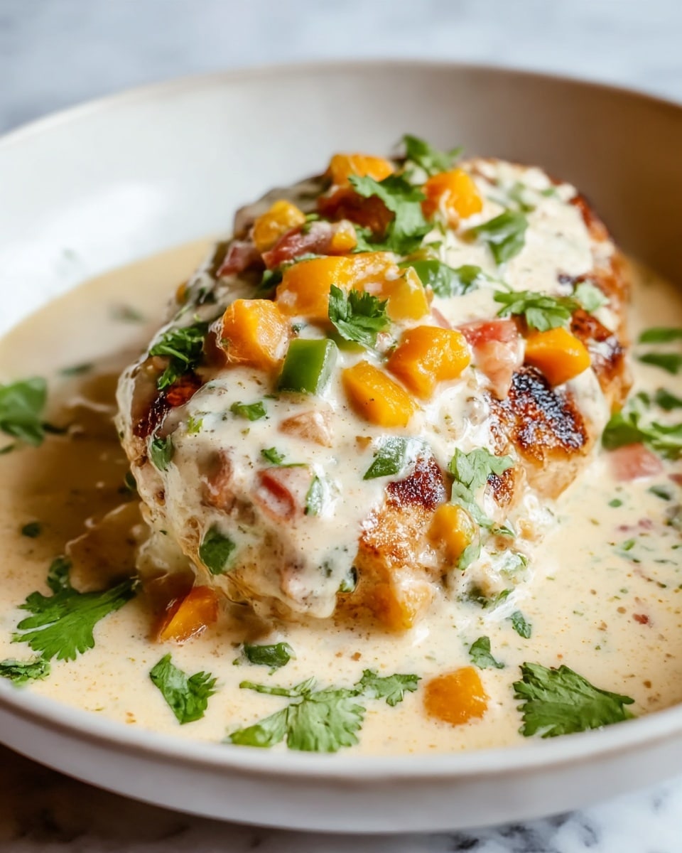 The dish shows one thick piece of grilled chicken with a golden brown surface partially covered by a creamy white sauce with small green, orange, and red vegetable bits mixed inside. There are visible fresh green herb leaves, possibly cilantro, on top and around the chicken. The creamy sauce pools around the chicken on a shallow white bowl, which contrasts with the rich colors of the chicken and diced vegetables. The setting is on a white marbled surface, giving a clean and fresh look. photo taken with an iphone --ar 4:5 --v 7