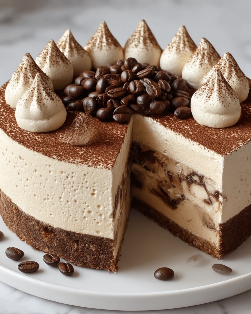 A round cake with three visible layers sits on a white plate; the bottom layer is dense and dark brown, the middle layer is lighter brown and creamy, and the top layer is thick, pale cream with soft texture. The top surface of the cake is dusted with cocoa powder and decorated with eight swirls of whipped cream, each sprinkled with cocoa powder. In the center of the cake is a pile of glossy dark brown coffee beans. Some coffee beans are scattered on the white plate around the cake, and a slice has been cut out showcasing the layers clearly. The cake rests on a white marbled surface. Photo taken with an iphone --ar 4:5 --v 7