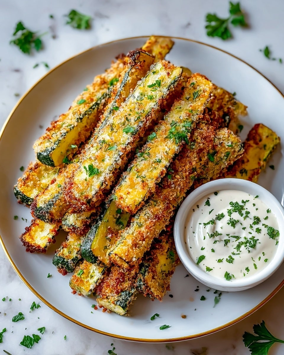 A white plate holds a stack of golden-brown breaded zucchini sticks, each cut into long strips showing green skin on the sides and coated in a crunchy, textured crumb layer with hints of herbs and cheese. The sticks are arranged in two or three layers, with some placed horizontally and others crossing on top. To the side, inside the same plate, is a small white bowl filled with white dipping sauce sprinkled with finely chopped green herbs. Little bits of chopped parsley are scattered on the plate and around it on a white marbled surface, creating a fresh and inviting look. photo taken with an iphone --ar 4:5 --v 7