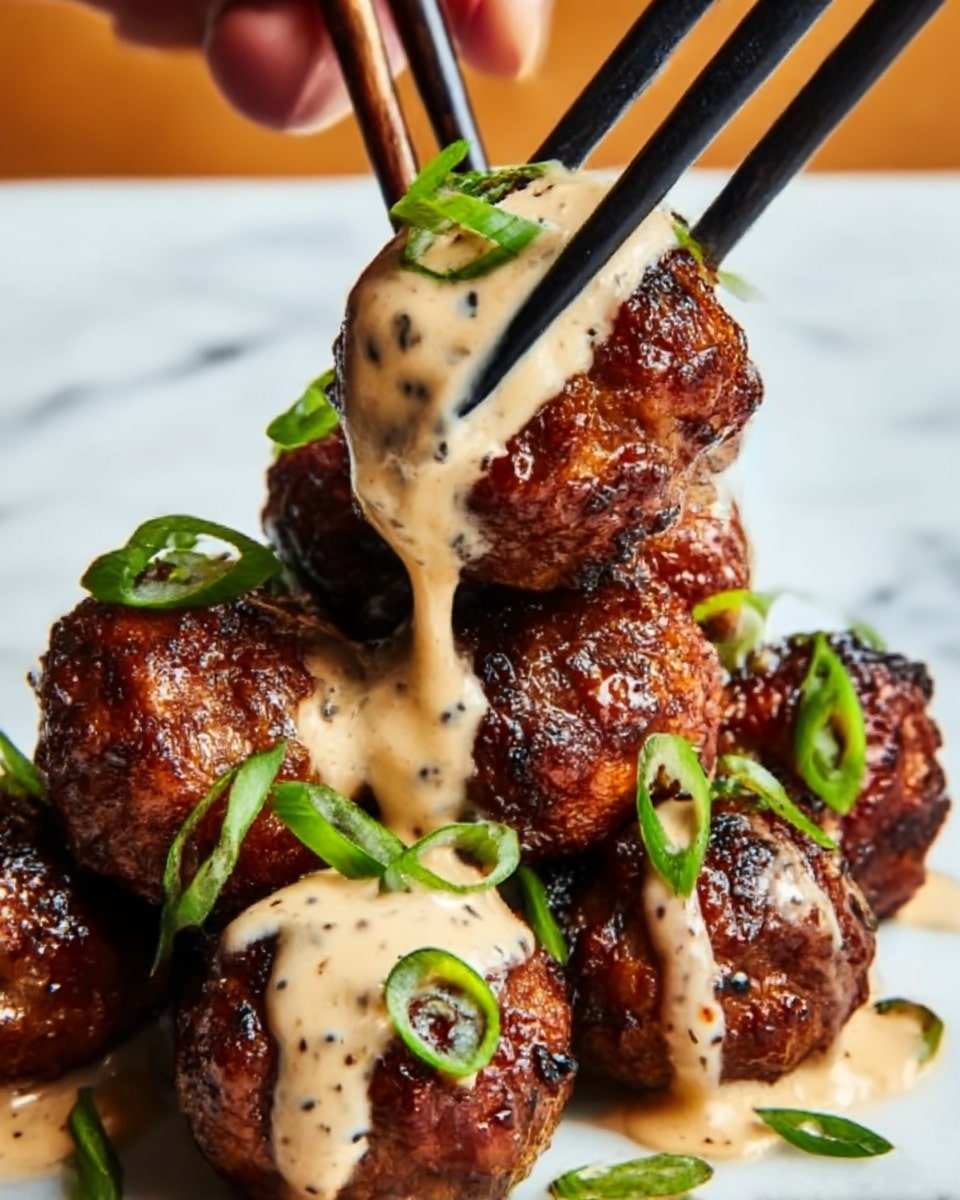 The image shows several dark brown, grilled meatballs with a slightly charred texture, arranged closely together. On top of these meatballs, there is a creamy, light beige sauce generously drizzled, some of which is dripping down the sides. Small pieces of fresh green onion are sprinkled over the meatballs and sauce, adding a pop of bright green color. A pair of black chopsticks held by a woman's hand is lifting one meatball, capturing the sauce dripping softly from it. The background features a white marbled texture. Photo taken with an iphone --ar 4:5 --v 7