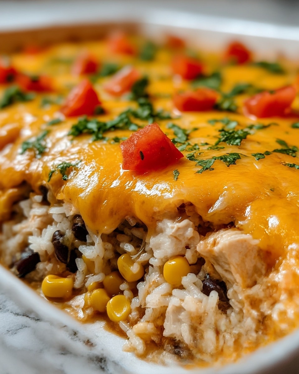 The image shows a close-up of a baked dish with three clear layers. The bottom layer is made of white rice mixed with yellow corn kernels and small black beans. The middle layer contains chunks of white chicken meat spread evenly. The top layer is a thick, golden melted cheddar cheese that is slightly browned and gooey, stretching over the filling. Small diced red tomatoes and green chopped herbs are scattered decoratively on the cheese. The dish is set against a white marbled texture. photo taken with an iphone --ar 4:5 --v 7