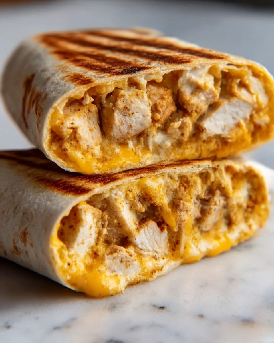 The image shows a close-up of a burrito cut in half, revealing three layers inside. The top and bottom layers are a warm, golden-brown grilled tortilla with a soft texture and slight char marks. Inside, there is a layer of grilled chicken pieces that are light beige with a slight char and a firm texture. Mixed with the chicken is a melted layer of orange-yellow cheese that looks creamy and gooey, stretching slightly between the two halves. The burrito halves rest on a white marbled surface. photo taken with an iphone --ar 4:5 --v 7