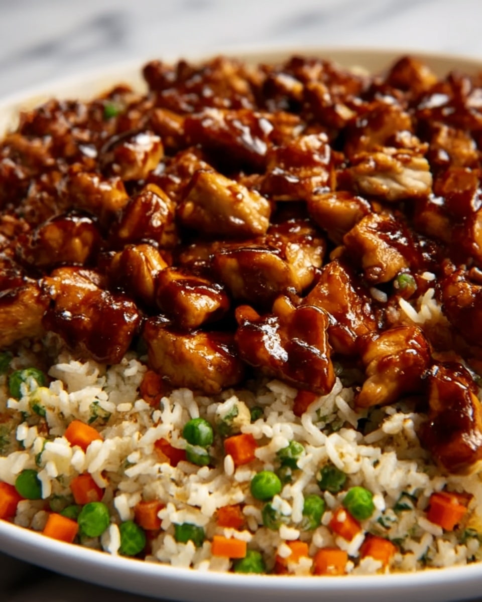 This image shows a close-up of a dish with two clear layers. The bottom layer is fried rice with small pieces of green peas and orange carrots scattered throughout, giving a mix of white, green, and orange colors. The top layer consists of small, glossy pieces of cooked chicken with a shiny dark brown glaze, arranged closely together over the rice. The dish is placed on a white plate, set on a white marbled surface. Photo taken with an iphone --ar 4:5 --v 7