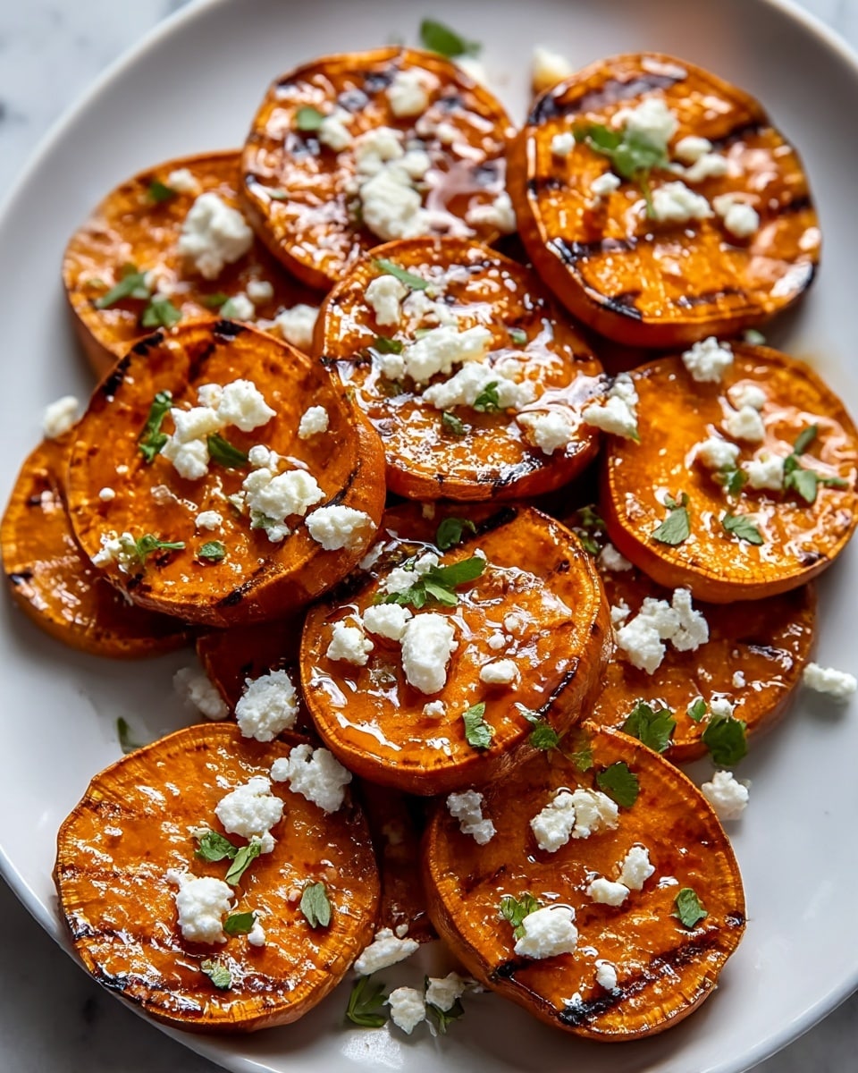 A white plate on a white marbled surface holds several thick slices of roasted sweet potatoes with a caramelized, shiny orange surface and dark grill marks, arranged in a slightly overlapping pile. Small crumbles of white cheese are scattered over the sweet potatoes, along with tiny bright green herb leaves, likely parsley or cilantro. The contrast of the warm orange color with the white cheese and green herbs creates a vibrant and fresh look. photo taken with an iphone --ar 4:5 --v 7