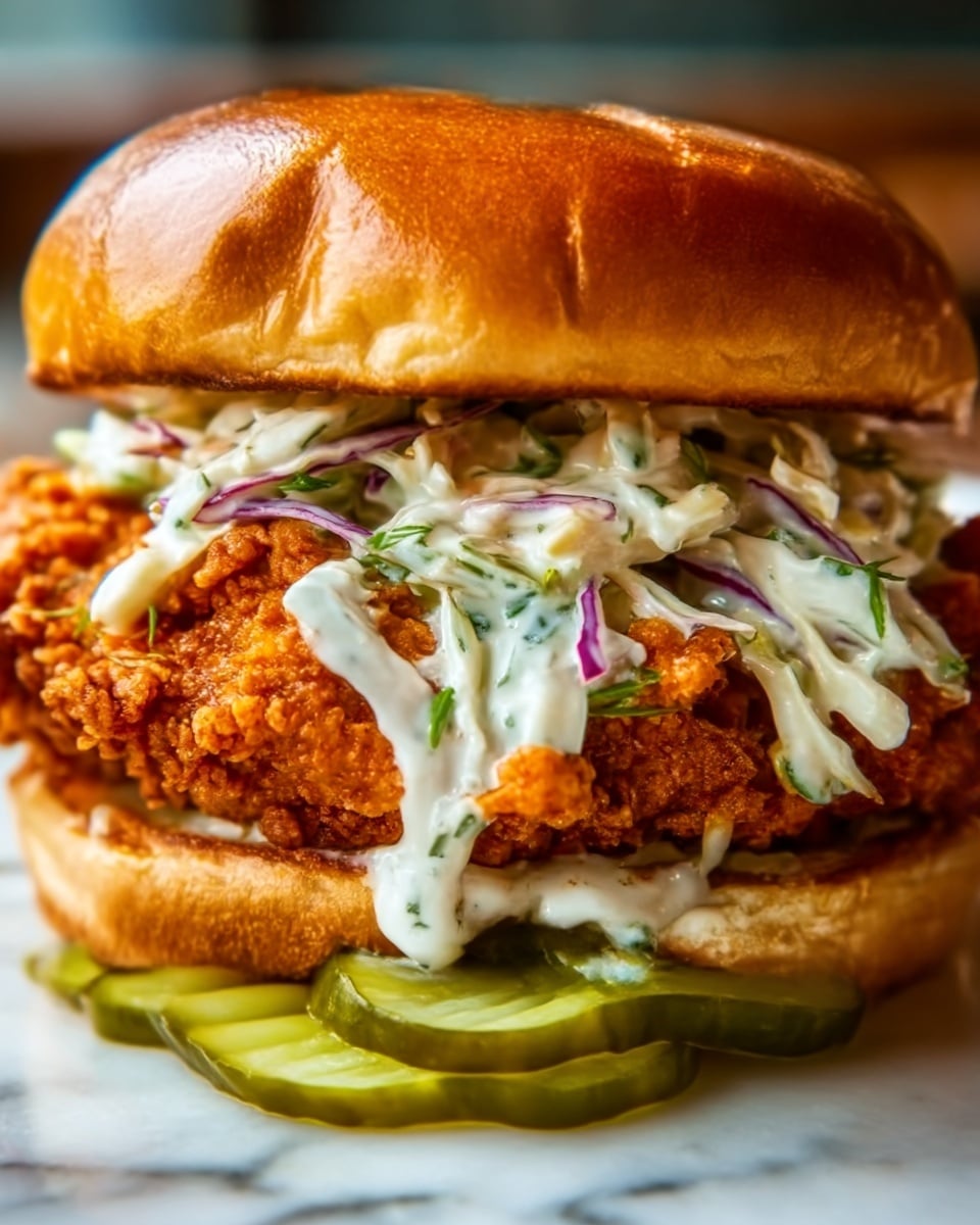 A close-up of a sandwich with a soft light brown bun, filled with a thick, crispy orange fried chicken fillet. On top of the chicken, there is a layer of creamy white coleslaw with small pieces of green and purple cabbage and orange carrot. Below the chicken, thin green pickle slices are visible. The sandwich is set on a white marbled surface, showing a woman's hand gently holding it from the side, ready to take a bite. Photo taken with an iphone --ar 4:5 --v 7
