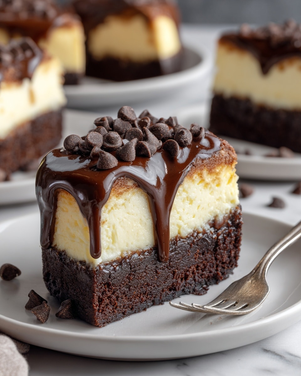 A slice of cake is shown on a white plate with a silver fork beside it. The cake has three main layers: the bottom layer is dark brown and looks dense like a brownie, the middle layer is creamy and light yellow like cheesecake, and the top layer is shiny melted chocolate that drips down the sides. There are small dark chocolate chips sprinkled on the top and a few scattered on the plate. In the background, there are more slices of the same cake blurred but visible, all set on a white marbled surface. photo taken with an iphone --ar 4:5 --v 7
