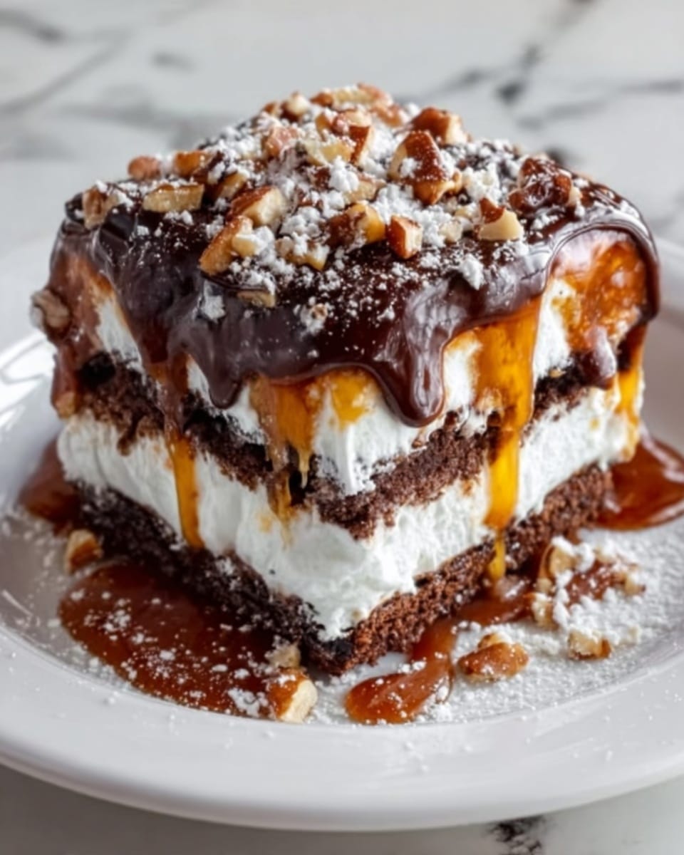 Two thick, rich chocolate brownies are stacked on a white plate, one on top of the other. The brownies are dark brown with a moist, crumbly texture full of small nuts inside. On top, shiny caramel sauce slowly drips down, adding a smooth, glossy golden-brown layer that contrasts with the rough surface of the brownies. A few whole nuts are scattered on the plate around the brownies, enhancing the nutty look. The background is a white marbled texture. photo taken with an iphone --ar 4:5 --v 7