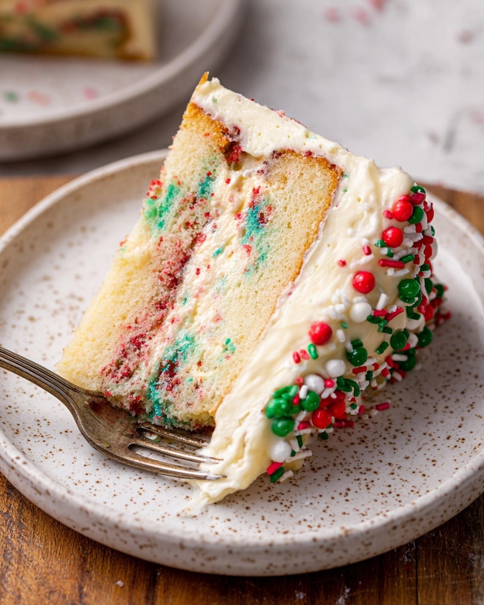 A slice of funfetti cake sits on a white speckled plate atop a wooden table, showing two clear layers: the outer layer is light brown with red and green sprinkles baked into the soft cake, and the inner layer is thick, creamy off-white frosting with visible sprinkles inside it as well. The outside edge of the cake is coated in smooth white frosting decorated with red, green, and white round and elongated sprinkles, with a small round cookie dough ball attached on the side. A silver fork presses into the bottom layer, lifting a chunk of frosting and cake. The surface under the plate is a white marbled texture, and a few scattered sprinkles lie on the table and near the plate's edge. Photo taken with an iphone --ar 4:5 --v 7
