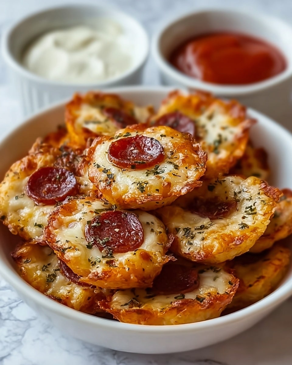 A white plate is filled with small, round mini pizza bites, each with a golden, crispy edge and a slightly browned, melted cheese center sprinkled with green herbs. Each mini pizza bite has a single small, round pepperoni slice placed in the middle. Behind the pile of mini pizzas, there are three white dipping cups with different sauces: one with a red sauce, one with a white creamy sauce, and the third with a light brown sauce. The plate sits on a white marbled surface. photo taken with an iphone --ar 4:5 --v 7