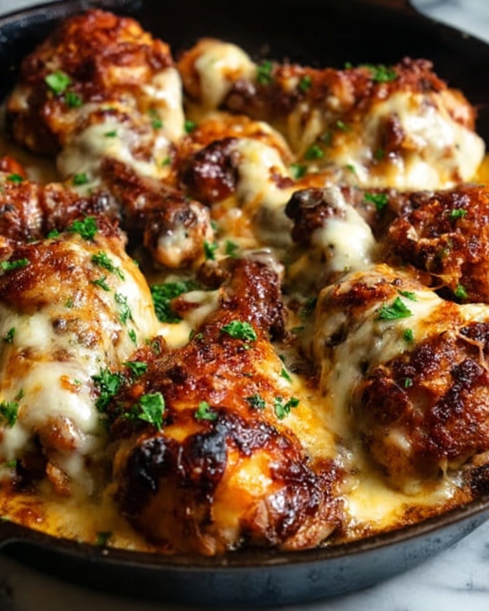 A close-up view of a dish with several golden-brown roasted chicken pieces arranged closely together in a white pan. The chicken is topped with melted cheese that is creamy and slightly browned in places. Small green herbs, likely chives, are sprinkled over the cheese, adding a touch of color. The chicken has a crispy, textured skin with dark, well-cooked browned spots. The background shows a white marbled surface. Photo taken with an iphone --ar 4:5 --v 7
