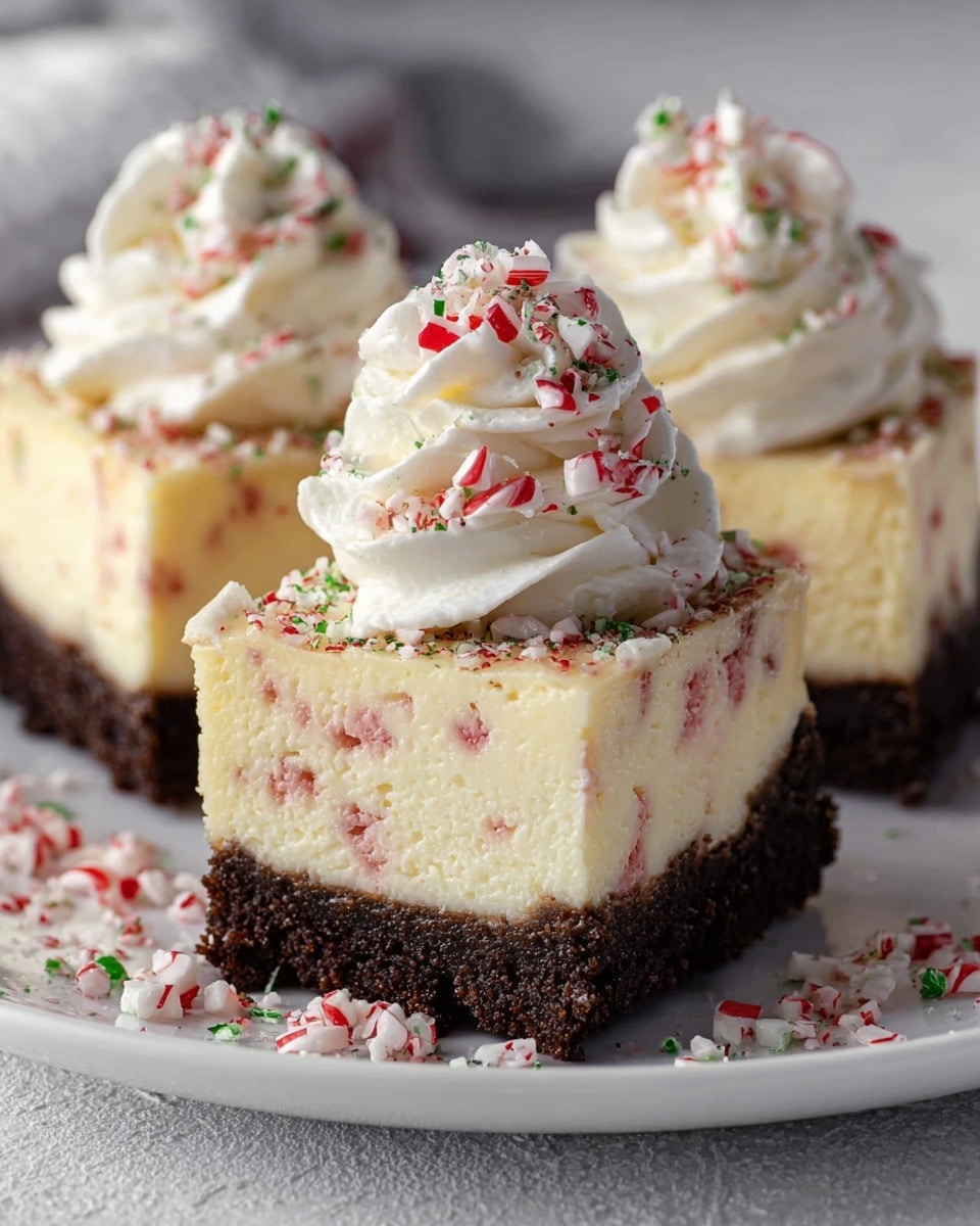 The image shows three small cheesecake slices on a white plate with a white marbled texture underneath. Each cheesecake has two layers: a thick, crumbly dark brown base layer and a thick creamy light yellow top layer with small red specks inside. On top of each slice, there is a swirl of white whipped cream with small pieces of crushed red and white peppermint sprinkled over it. Some crushed peppermint is also scattered on the plate around the slices. The focus is on the front cheesecake slice, with the others slightly blurred in the background. Photo taken with an iphone --ar 4:5 --v 7
