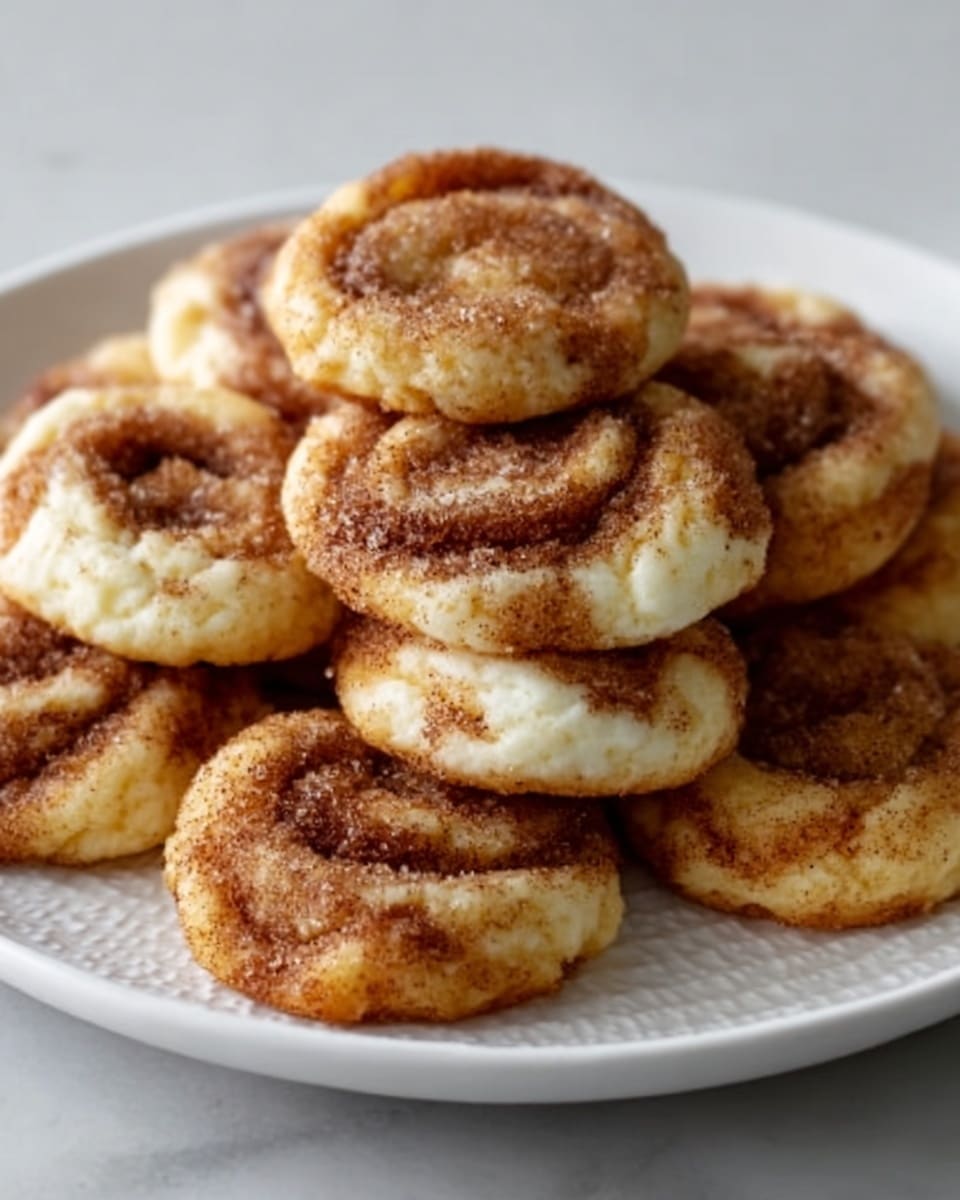 A white round plate holds a pile of small, round pastries. Each pastry has a light golden-brown base with a soft, slightly shiny white cream layer on top. They are sprinkled with a crumbly, dark cinnamon sugar topping that adds texture and color contrast. The pastries look soft and fresh, piled loosely on the plate. The background is a white marbled surface. Photo taken with an iphone --ar 4:5 --v 7